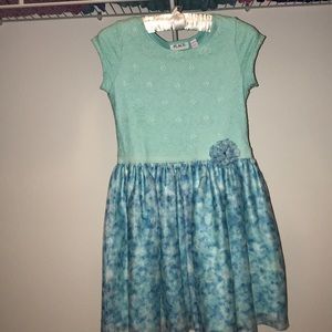New, teal dress with lace and floral pattern.